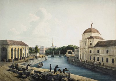 Udsigt over Moika-floden ved de kejserlige stalde, Skt. Petersborg, Rusland, 1809. af Andrej Martynoff