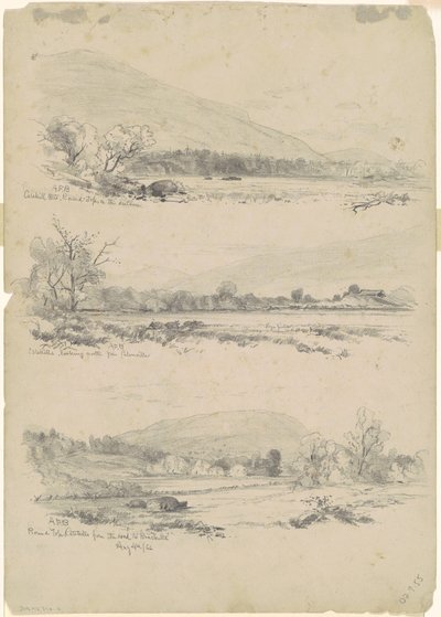 Catskill Mountains, Round-Top i det fjerne; Catskills ser mod nord fra Palenville; og Round Top, Catskills, fra vejen til Bracketts [verso] af Andrew Fisher Bunner