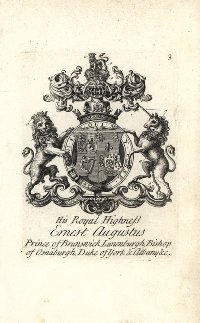 Våbenskjold og våbenskjold af HKH Ernest Augustus, prins af Brunswick Luneburg, biskop af Osnaburgh, hertug af York og Albany af Andrew Johnston