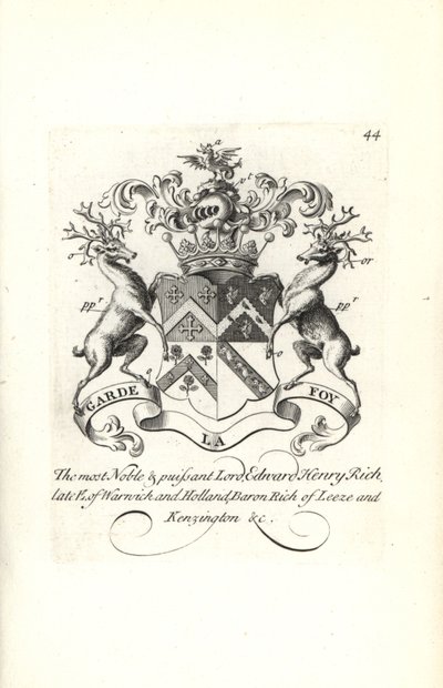 Våbenskjold og våbenskjold af Lord Edward Henry Rich, 7. jarl af Warwick og Holland, Baron RIch af Leeze og Kensington af Andrew Johnston