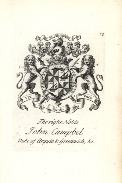 Våbenskjold og våbenskjold af den højre adelige John Campbell, 2. hertug af Argyll og Greenwich, af Andrew Johnston