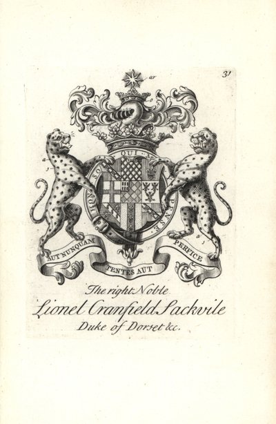 Våbenskjold og våbenskjold af den højre adelige Lionel Cranfield Sackville, hertug af Dorset af Andrew Johnston