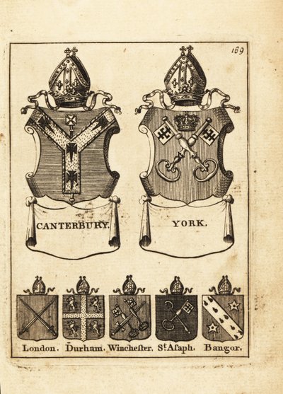 Våbenskjold fra biskopperne af Canterbury, York, London, Durham, Winchester, St af Andrew Johnston