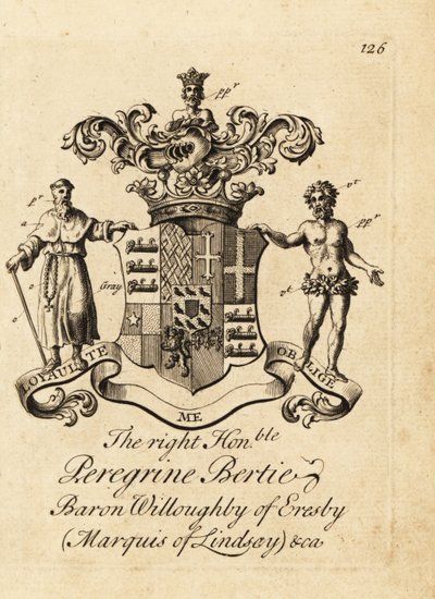 Våbenskjold af den højre ærede Peregrine Bertie, Baron Willoughby af Eresby, markis af Lindsay, 2. hertug af Ancaster og Kesteven af Andrew Johnston