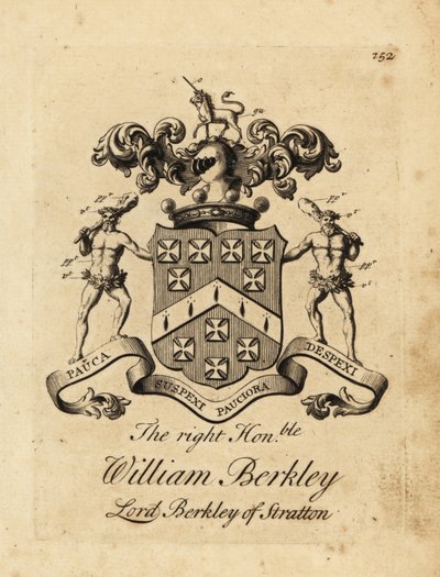Våbenskjold fra den højre ærede William Berkley, Lord Berkley af Stratton, 4. baron Berkeley af Stratton, død 1741 af Andrew Johnston