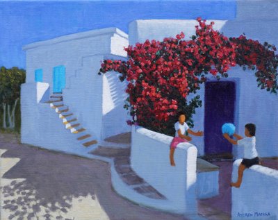 Boldspil, Samos, Grækenland, 2022 (olie på lærred) af Andrew Macara