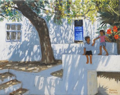 Blå dør, Mykonos, Grækenland, 2024 (olie på lærred) af Andrew Macara