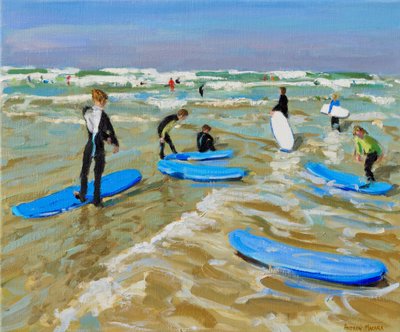Blå surfbrætter, Bude. 20x24",2019,(olie på lærred) af Andrew Macara