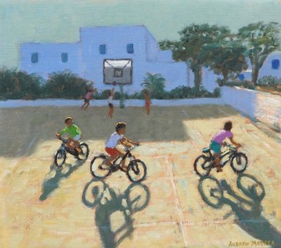 Drenge på cykel, Grækenland (olie på lærred) af Andrew Macara