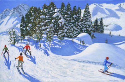 Fire alpine skiløbere, 2024, (olie på lærred) af Andrew Macara