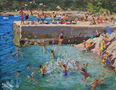 Sjov i havet, Rovinj, Kroatien, 2016, (olie på lærred) af Andrew Macara
