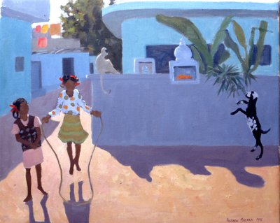 Pige, der hopper, abe og ged, Indien af Andrew Macara