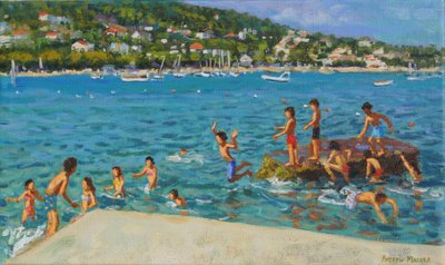Hoppe fra klipperne; Cinque Terre, Positano, Italien, 2000 (olie på lærred) af Andrew Macara