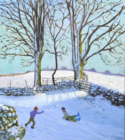 Store træer og slædekørere, Derbyshire, 2023 (olie på lærred) af Andrew Macara