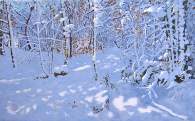 November Snow, Allestree Woods, Derby, (olie på lærred) af Andrew Macara