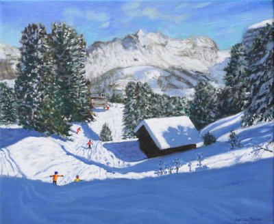 Skihytte, Samoens, Grand Massif, Frankrig, 2023 (olie på lærred) af Andrew Macara