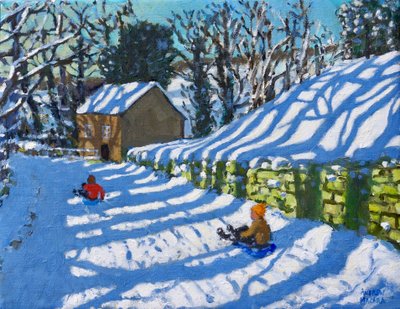 Slædekørsel, Upper Hulme, Porre, 2020, (olie på lærred) af Andrew Macara