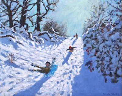 Sledging, Calke Abbey, Ticknall, Derby, 2021 (olie på lærred) af Andrew Macara