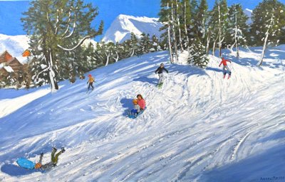 Slædekørsel og skiløb, Les Arcs, Frankrig, 2023 (olie på lærred) af Andrew Macara