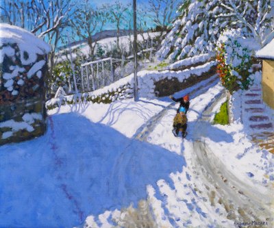 Slædekørsel i Wirksworth, Derbyshire, 2024 (olie på lærred) af Andrew Macara