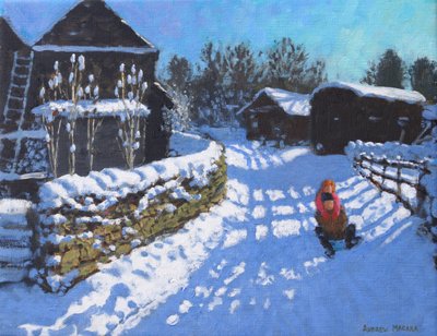 Slædekørsel, nær Wintercroft Lane nær Dovedale og Thorpe. Ashbourne, 2021 (olie på lærred) af Andrew Macara