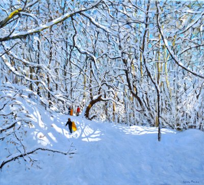 Gule og orange slæder, Allestree Park, Derby. 36 x 40,2018, af Andrew Macara