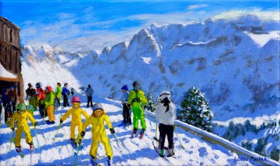 Unge skiløbere i gult, Val Gardena Italien.12x20 af Andrew Macara