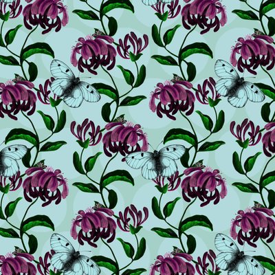 Honeysuckle with Clouded Apollo Butterfly, 2017, blæk og digital af Andrew Watson