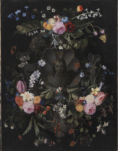 Cartouche med buste af Kristus omgivet af en krans af blomster af Andries Bosman