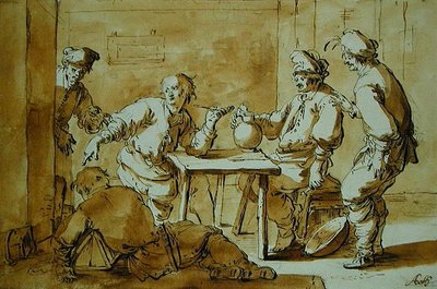 In the Bar, 1633 (pen og blækvask på papir) af Andries Both