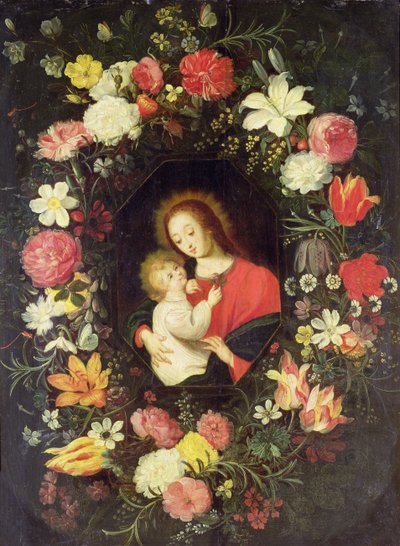 Jomfruen og barnet i en krans omkrans af blomster af Andries Daneels
