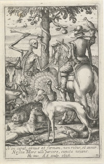 Skelet med pil og falkoner, midt mellem dyr Animal Skeletons (serietitel) af Andries Jacobsz. Stock
