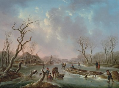 Skatere på en frossen flod af Andries Vermeulen