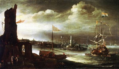Et hollandsk skib ligger for anker foran havnen i Genova (Italien) af Andries van Eertvelt