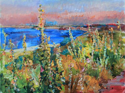 Solnedgang over blomster ved kysten af Andrii Kutsachenko