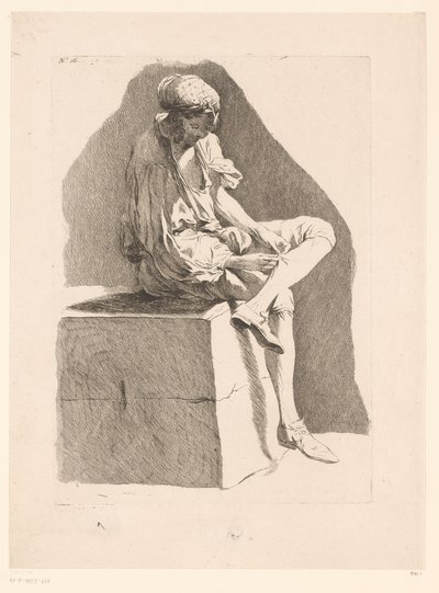 Karikatur af en dreng, der syr sin strømpe Karikaturer efter J. Saly (serietitel) Recueil de caricatures dessinées Par J. Saly et Gravées par A.L. DeLalive D.J. (serietitel) af Ange Laurent de, marquis de Rémoville Lalive