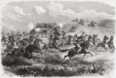 Indianere angreb en transkontinental diligence i 1867, illustration fra 