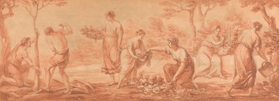 En frise: Mænd planter træer, kvinder samler blomster og vander blomster af Angelica Kauffmann