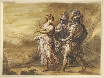 Mytologisk scene. Ung kvinde med bue vender sig mod to bevæbnede mænd af Angelica Kauffmann