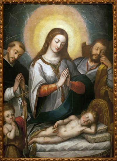 Den hellige familie med Johannes Døberen og Sankt Dominikus. Maleri af Angelino Medoro (1576-1633), olie på lærred af Angelino Medoro