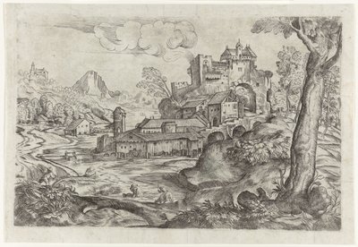 Landskab med flod og slot af Angelo Falconetto (attributed to)