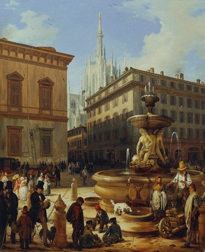 Gadeudsigt fra Milano, i baggrunden Duomo af Angelo Inganni