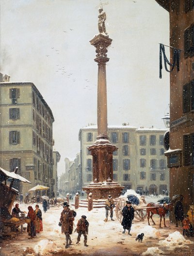 Redeemer-søjlen ved Verziere (grøntmarked) set fra den gamle gade i San Bernardino i Milano af Angelo Inganni