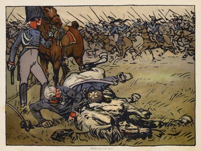 Feltmarskal Blucher fanget under sin døde hest i slaget ved Ligny (chromolitho) af Angelo Jank