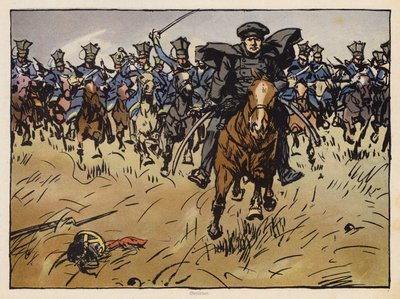Den preussiske feltmarskal Gneisenau i spidsen for et kavaleriangreb (chromolitho) af Angelo Jank