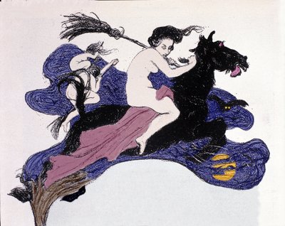 Hekse bevæger sig i luften. Illustration af Angelo Jank (1868-1940) til Jugend af Angelo Jank