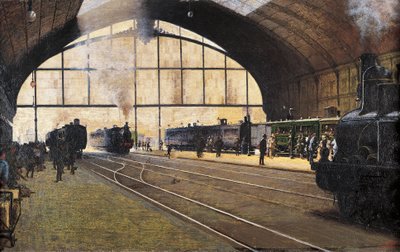 Central Station, Milano af Angelo Morbelli (1853-1919) Olie på lærred af Angelo Morbelli