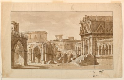 Scenedesign, gotisk palads, kirke og fæstning af Angelo Toselli