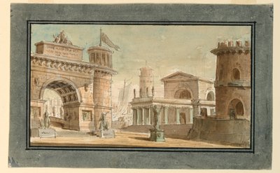Scenedesign, gruppe af bygninger nær havnen af Angelo Toselli