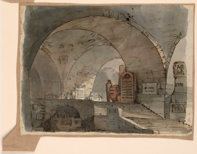 Scenedesign, underjordisk hvælvet rum med grave af Angelo Toselli